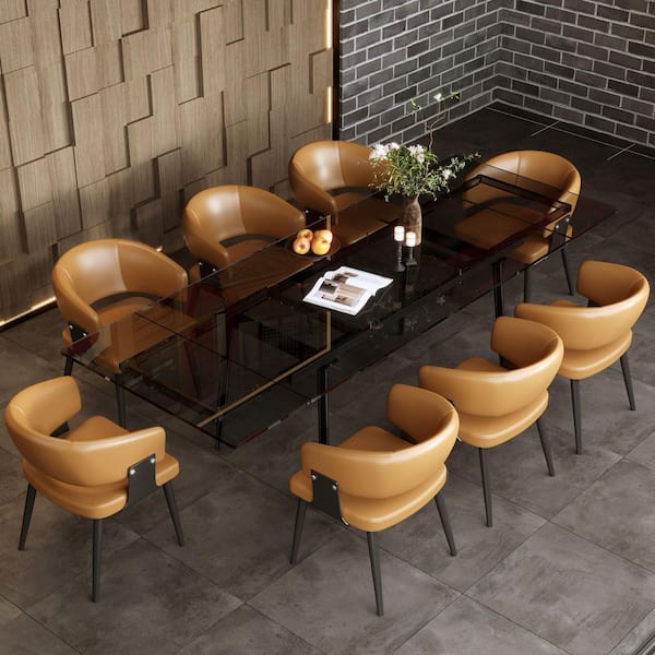 94.4 in. Extendable Dining Table Black Glass 4 Legs Dining Table Seats 8
