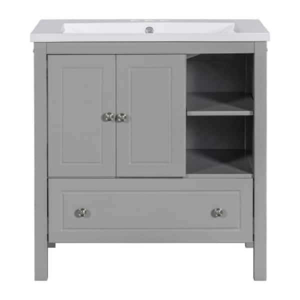 Sanlan BY12 30 in. W x 18 in. D x 32 in. H Single Sink Freestanding Bath Vanity in Gary with White Ceramic Top