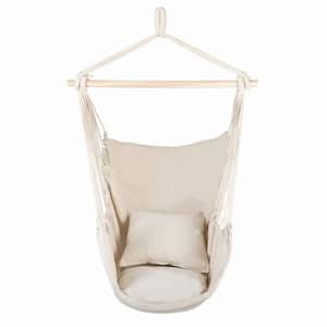 31.5 in. x 49.6 in. Portable Hammock Chair Cotton Canvas Hanging Rope Chair with Pillow in Beige