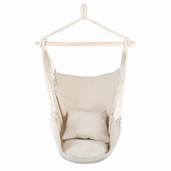 TIRAMISUBEST 31.5 in. x 49.6 in. Portable Hammock Chair Cotton Canvas Hanging Rope Chair with Pillow in Beige