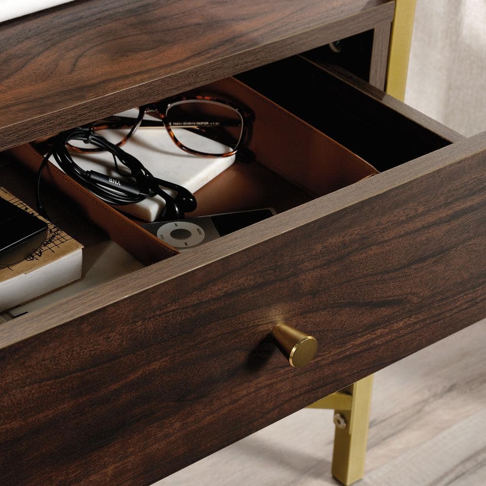 Harper Heights Luxe Walnut Side Table with Glass Top and Storage