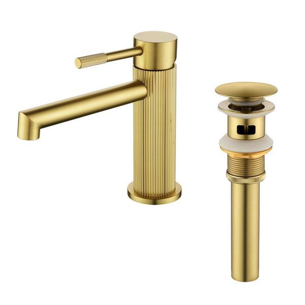 Modern Single Handle Single Hole Bathroom Sink Faucet with Pop Up Drain, Vertical Stripe Design Faucet in Brushed Gold