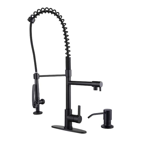 WOWOW Commercial Single-Handle High-Arc Pull Down Sprayer Kitchen Faucet with Soap Dispenser for Restaurant in Matte Black