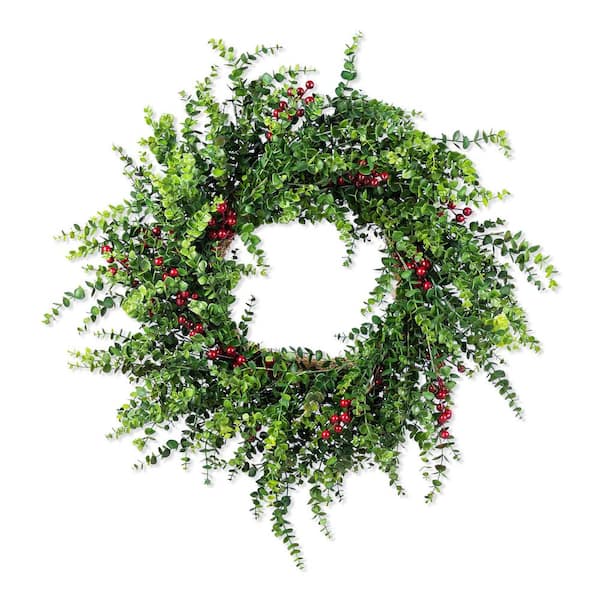 28 in. D Greenery PE Dripping Eucalyptus Unlit Artificial Christmas Wreath with Red Berries