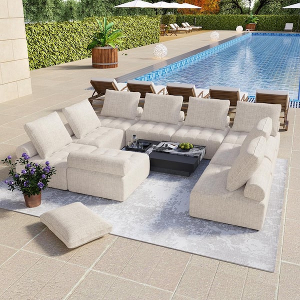 BTMWAY Single Piece Aluminium Outdoor Sectional Modular Sofa with Beige Cushion, Waterproof Cover Included