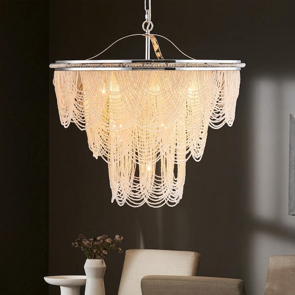 Krall 10-Light 3-Tiered Modern Glam Chrome Drum Crystal Chandelier for Dining Room with Crystal Beads