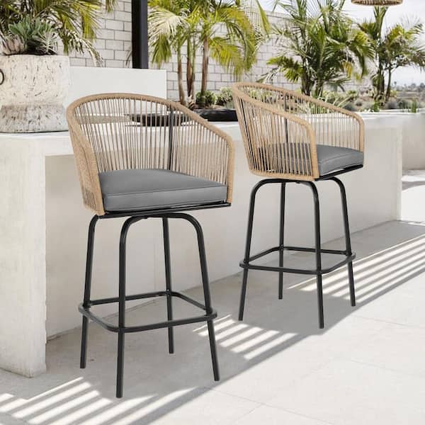 Modern Swivel Metal Handwoven Handwoven PE Rope Outdoor Bar Stools with Grey Cushions Set of 2