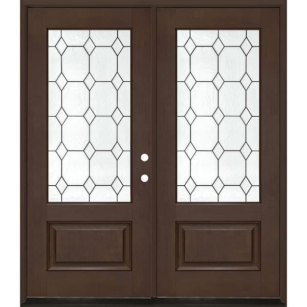 Regency 72 in. x 80 in. 3/4L Marquise Glass LHIS Hickory Stain Fiberglass Double Prehung Front Door with 4-9/16 Jamb