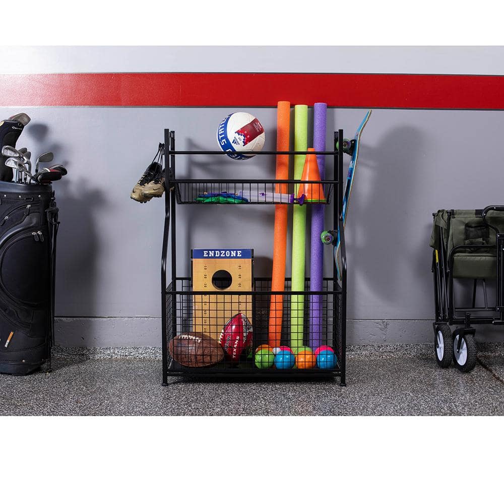 Black Steel Sports Equipment Storage Rack with Hooks and Baskets