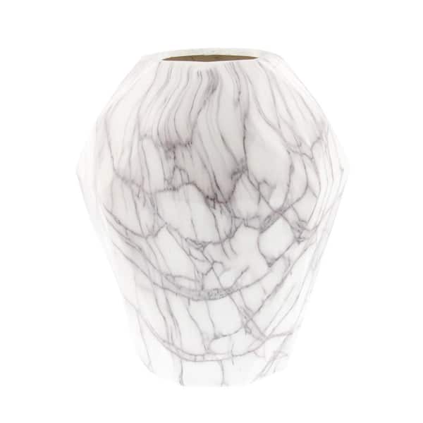 12 in. White Faux Marble Ceramic Decorative Vase