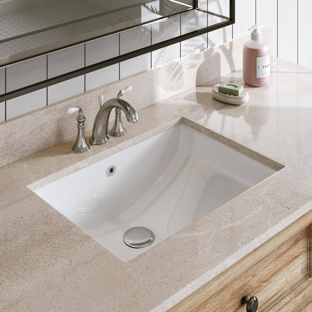White Rectangular Ceramic Undermount Bathroom Sink with Overflow Hole