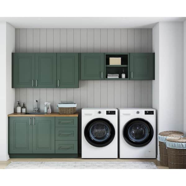 MILL'S PRIDE Greenwich Aspen Green Plywood Shaker Stock Ready to Assemble Kitchen-Laundry Cabinet Kit 24 in. x 84 in. x 120 in.