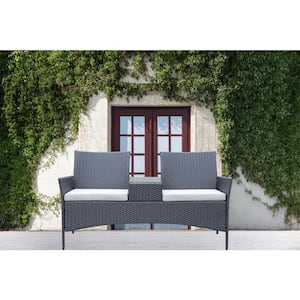 Grey Wicker Outdoor Loveseat with White Cushions