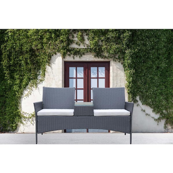 GOSHADOW Grey Wicker Outdoor Loveseat with White Cushions