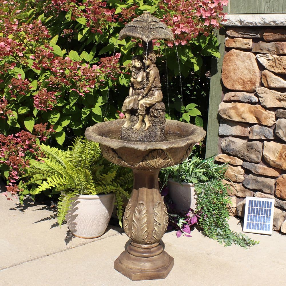 Brown Polyresin Solar Powered Lovers Umbrella Water Fountain with LED Lights