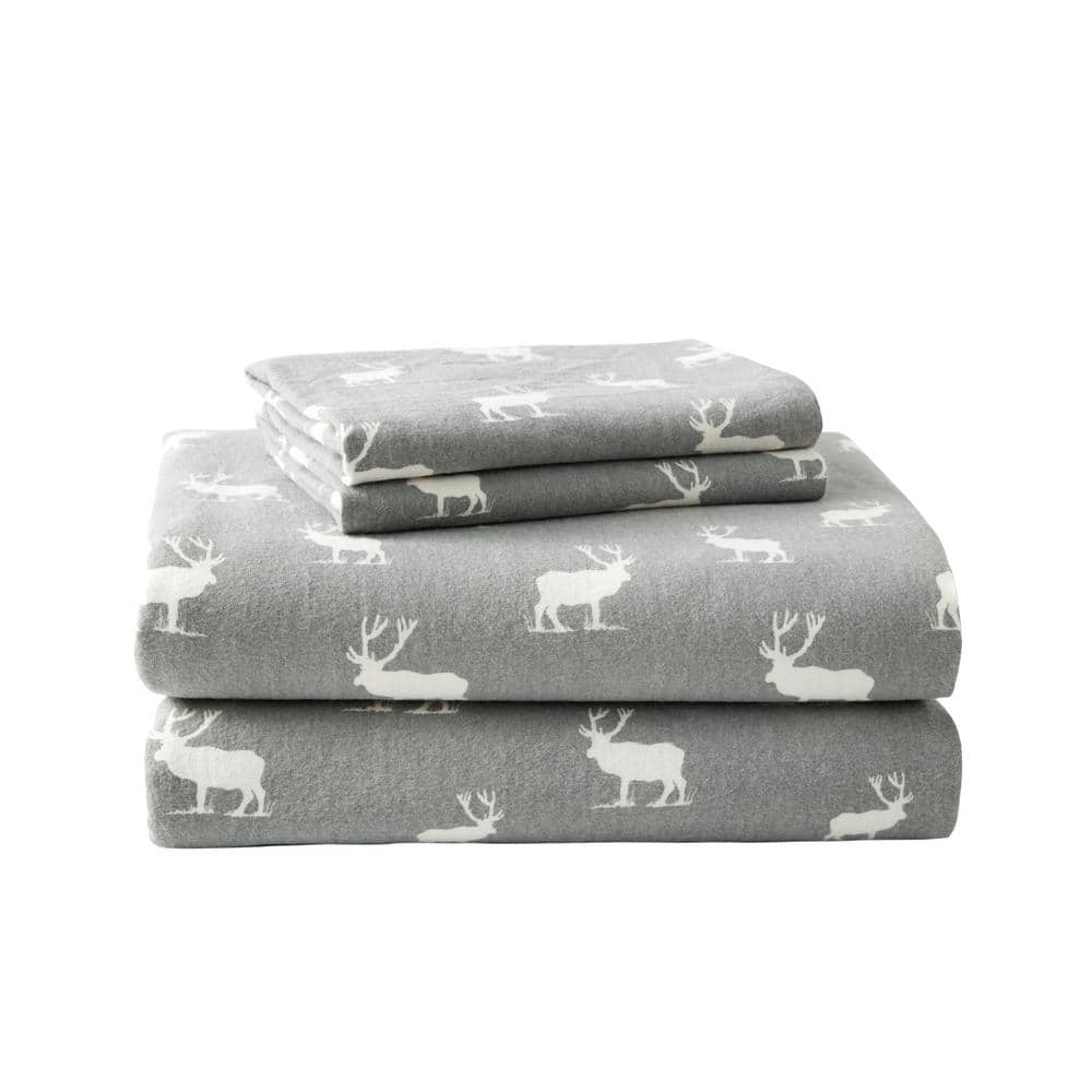 Eddie Bauer Elk Grove 4Piece Gray Graphic Flannel King Sheet Set