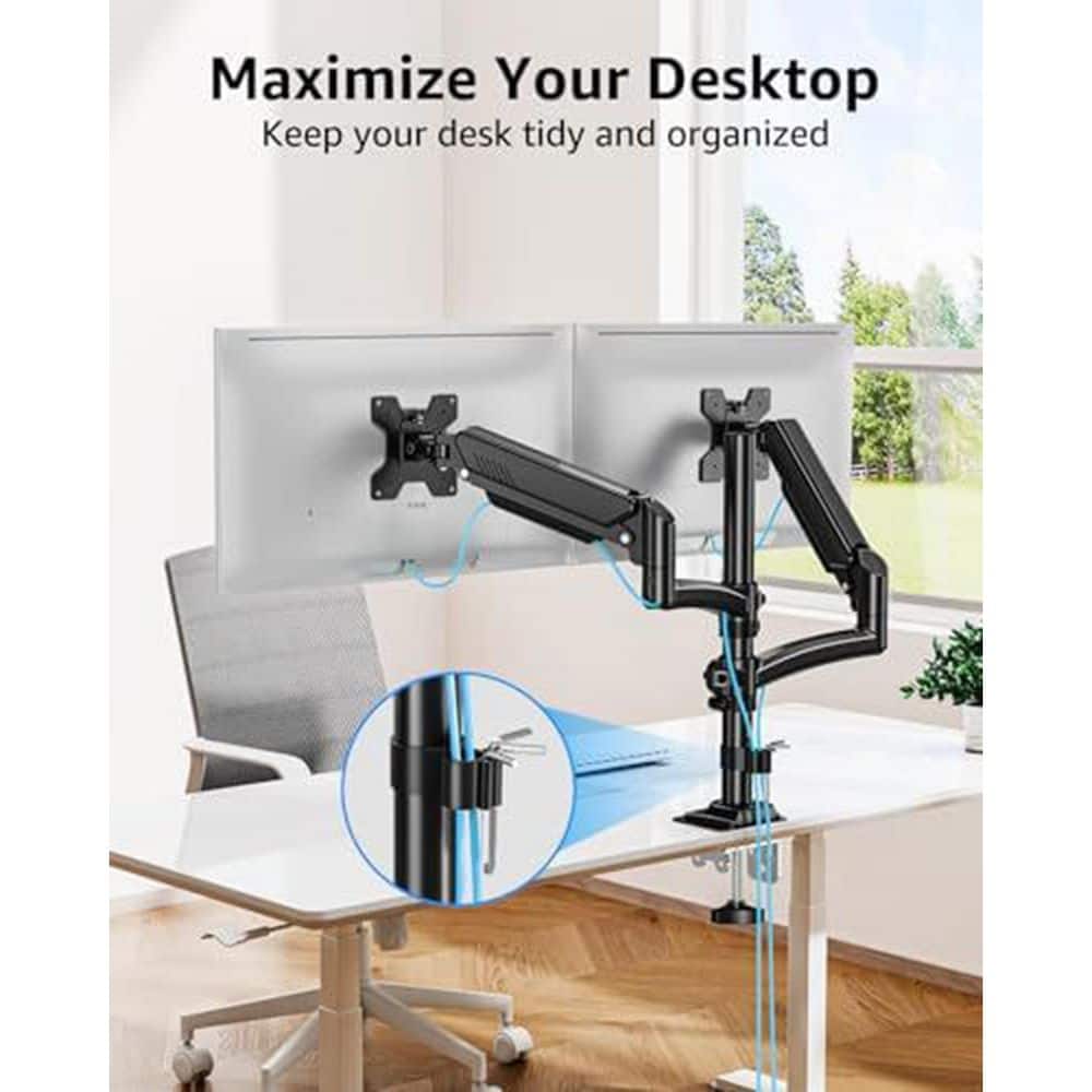 Dual Arm Gas Spring Monitor Stand Mount for 13-32 inch Screens Holds 22 lbs Height Adjustable Black - Thumbnail 5