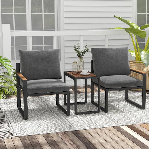 3-Piece Aluminum Frame Weatherproof Patio Conversation Set with Soft Gray Cushions