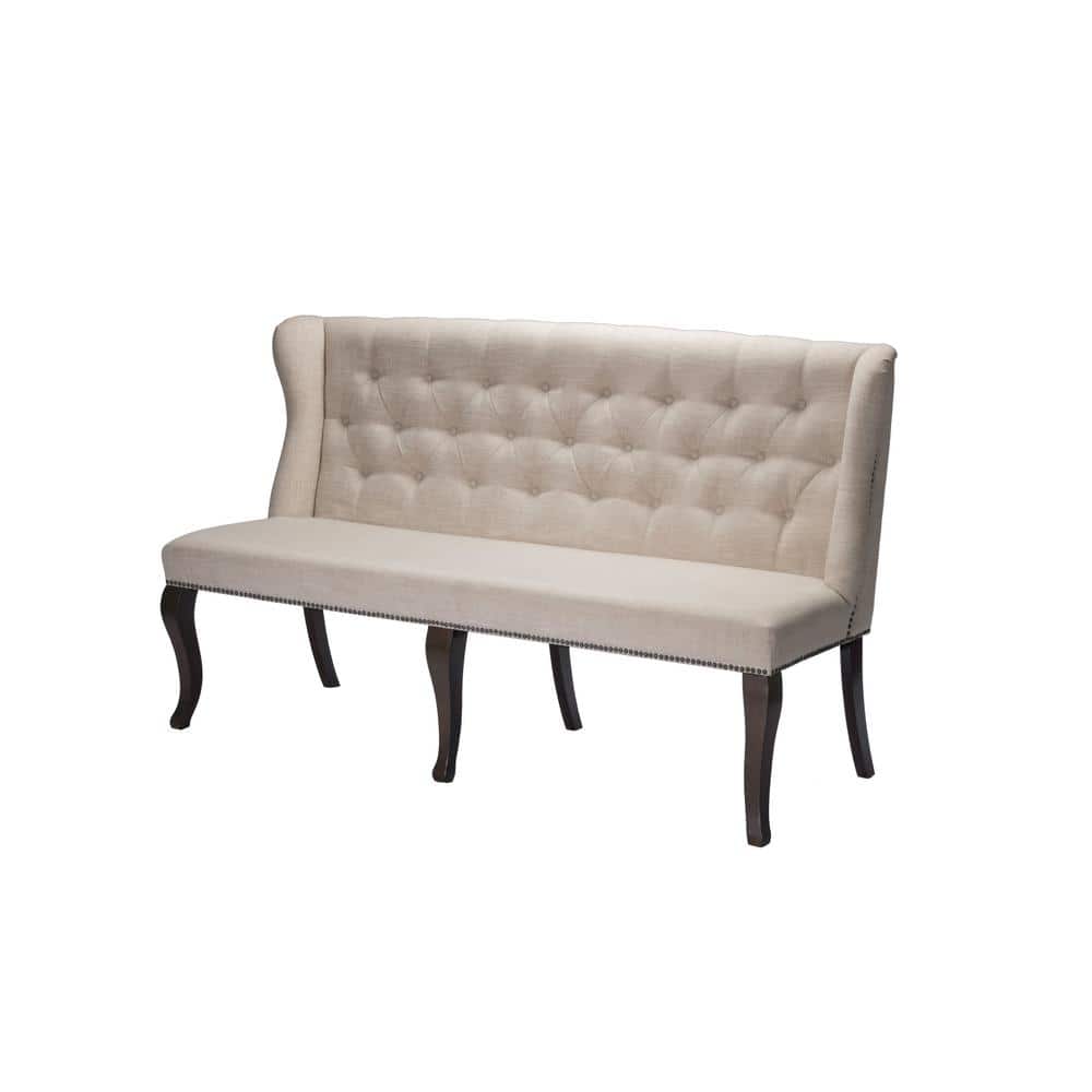 Beige Linen Upholstered Dining Bench with Cappuccino Wood Legs