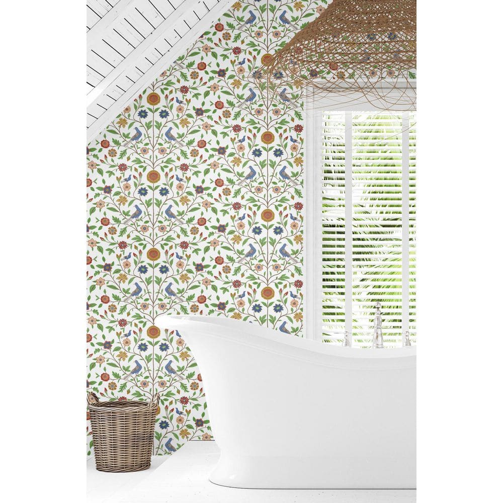 White and Multicolor Bird Toile Vinyl Peel and Stick Wallpaper Roll
