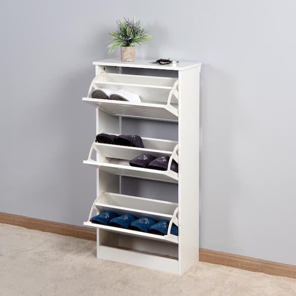 Modern Entryway Narrow 43.11 in. H x 20.94 in. W Wood White Shoe Storage Cabinet with 3 Flip Doors H wnx w5 The Home Depot