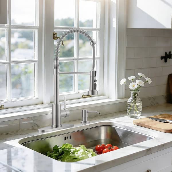Single Handle Pull Down Sprayer Kitchen Faucet with Soap Dispenser High-Arc Sink Faucet in Brushed Nickel