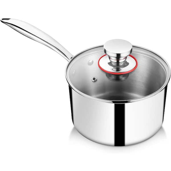 2 Piece Stainless Steel Tri-Ply Saucepan with Tempered Glass Lid, Induction Compatible, Dishwasher Safe
