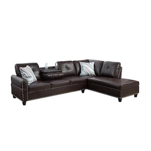 103.50 in. W Round Arm 2-piece Faux Leather L Shaped Modern Right Facing Sectional Sofa Set in Brown w/Drop Down Table
