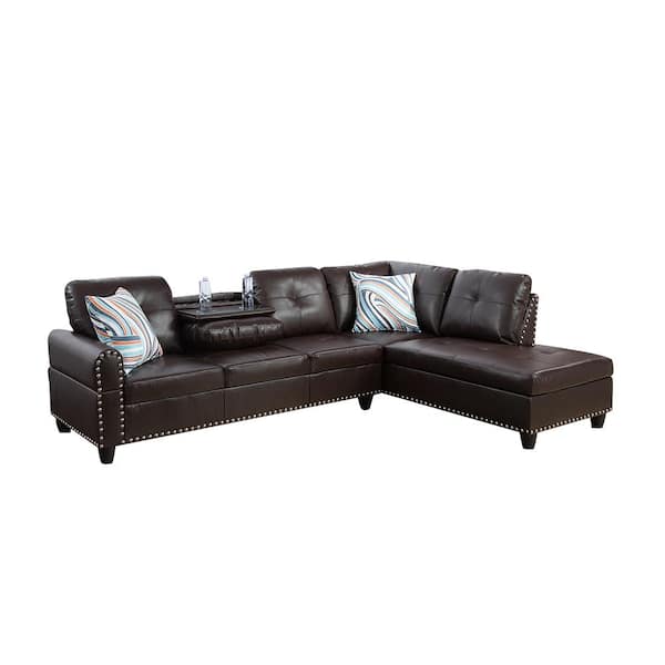 Star Home Living 103.50 in. W Round Arm 2-piece Faux Leather L Shaped Modern Right Facing Sectional Sofa Set in Brown w/Drop Down Table