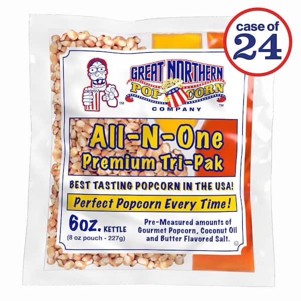 GREAT NORTHERN 6 oz. All-in-One Movie Theater Style Popcorn Kernels, Salt and Oil Packs, 24 Case