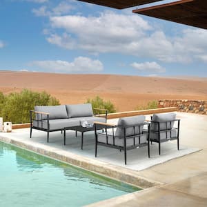 Veyda Black Aluminum and Teak Wood Outdoor Sofa wth Dark Gray Cushions