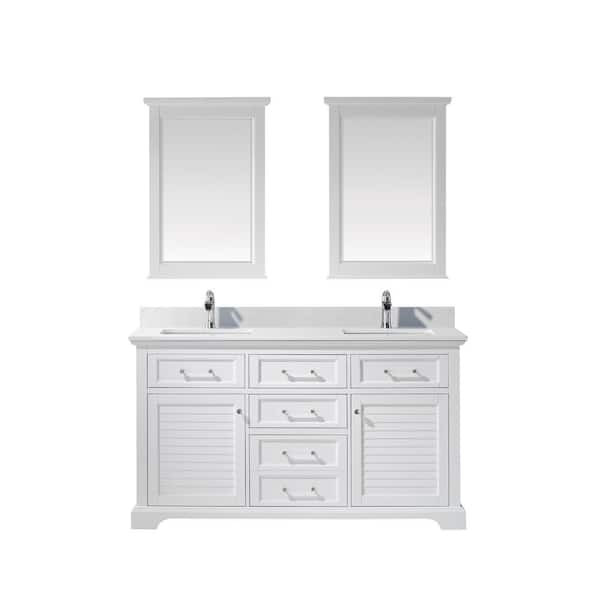 ROSWELL Lorna 60 in. Bath Vanity in White with Composite Vanity Top in White with White Basin and Mirror