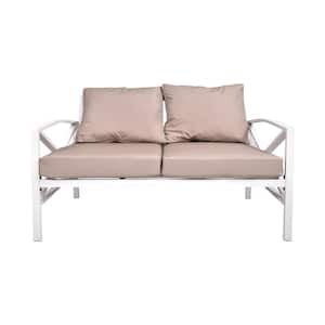 White 1-Piece Metal Outdoor 2-Seat Couch with Brown Cushions