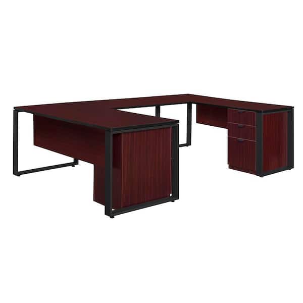 Regency Caranna 66 in. x 30 in. Mahogany/Black Double Laminate Pedestal U-Desk with 42 in. Bridge