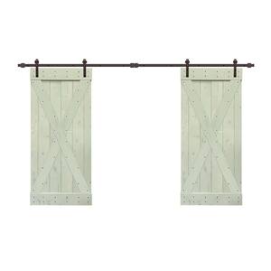 72 in. x 84 in. X Series Sage Green Stained Solid Knotty Pine Wood Interior Double Sliding Barn Door with Hardware Kit