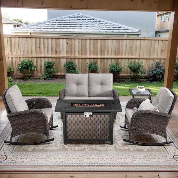Brown 5-Piece Wicker Patio Fire Pit Set, Outdoor Glider Seating Set with Olefin Beige Cushions and Rocking Chairs
