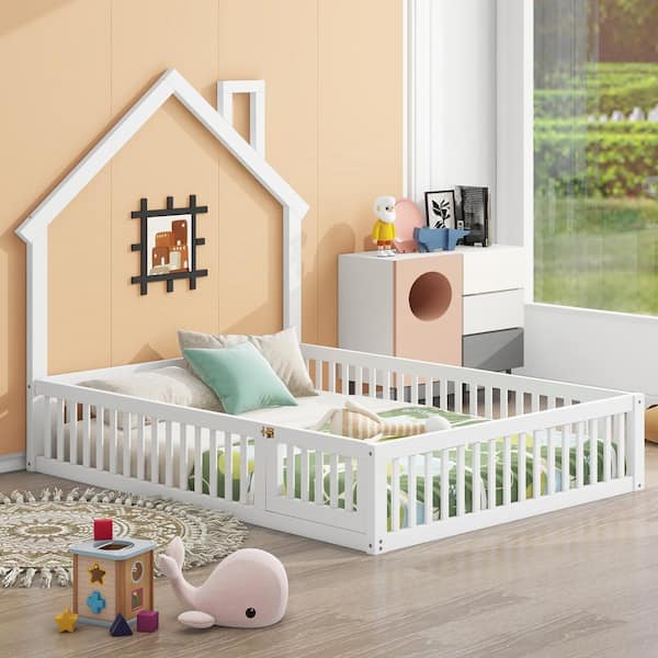 White Wood Frame Full Size House Shape Platform Bed with 12 in. Fence