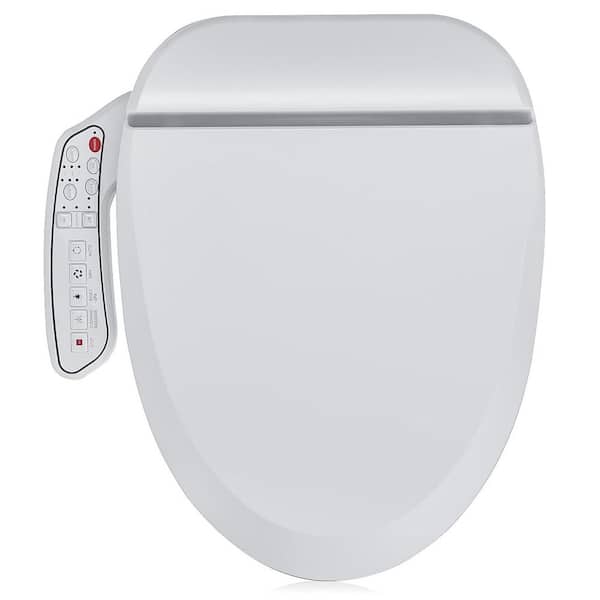 Electric Bidet Seat for Elongated Toilets in White, Electronic Heated, Warm Air Dryer, Rear and Front Wash, LED Light