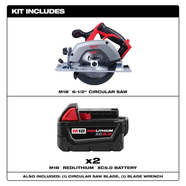M18 18V Lithium-Ion Cordless 6-1/2 in. Circular Saw w/ (2) M18 5.0 Ah Batteries