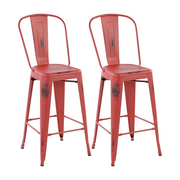 Homy Casa THOCAR 29 in. Kitchen Counter Height Red Metal Bar Stools with Slat High Backrest, Indoor Outdoor Set of 2