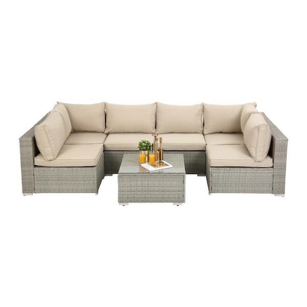 waelph Light Gray Wicker Outdoor Sectional Set with Coffee Table and Beige Cushions