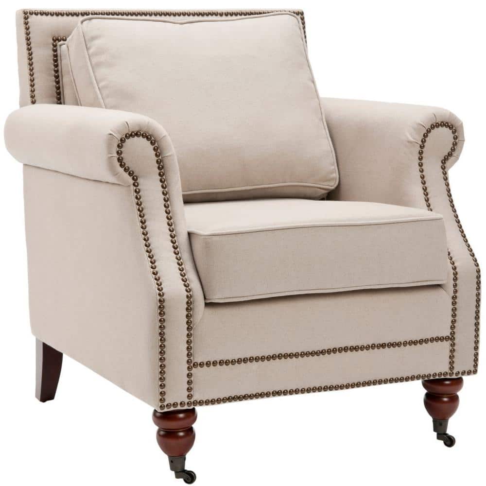 Beige Linen Arm Chair with Dark Cherry Wood Legs