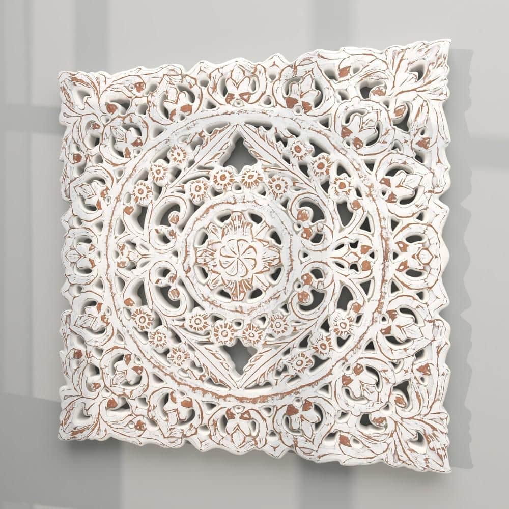 Whitewashed Wood Botanical Carved Wall Panel, 36" Square