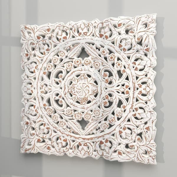 Litton Lane Handmade Square Floral Intricately Carved White Wall Decor with Mandala Design