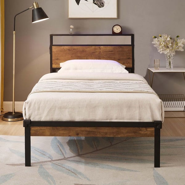 Black Metal Frame Twin Size Platform Bed with Wood Headboard and Footboard with USB LINER