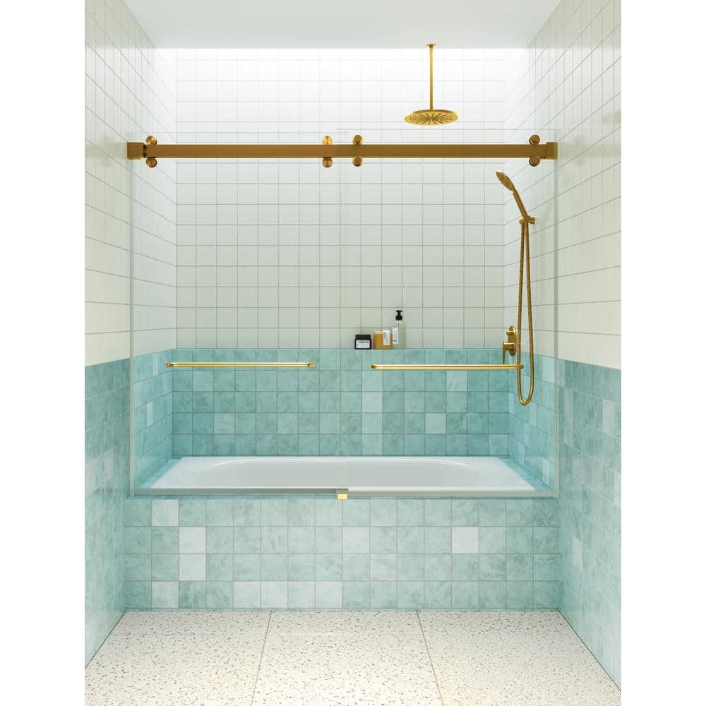 Polaris 60 in. Satin Brass Frameless Sliding Bathtub Door