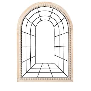 Arched Large 27.6 in W x 39.4 in H Metal Mirror, Natural Color Wood Frame Windowpane Shaped Wall Mounted Mirrors Decor