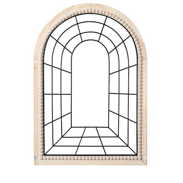 Uniquewise Arched Large 27.6 in W x 39.4 in H Metal Mirror, Natural Color Wood Frame Windowpane Shaped Wall Mounted Mirrors Decor