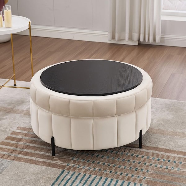 31.5 in. Round Beige Velvet Storage Ottoman with Reversible Lid and Adjustable Metal Legs for Living Room Bedroom