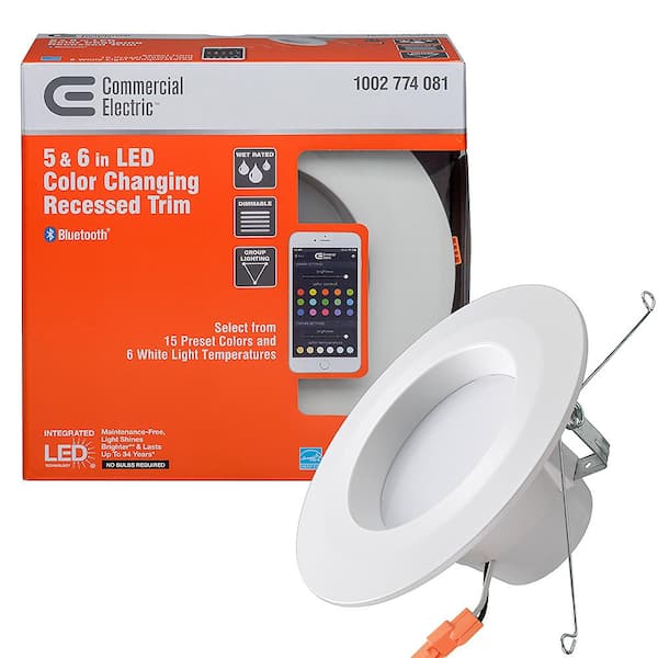 Commercial Electric Bluetooth 5 in. 6 in. Adjustable CCT Integrated LED Recessed Light Trim Downlight 670 Lumens Dimmable